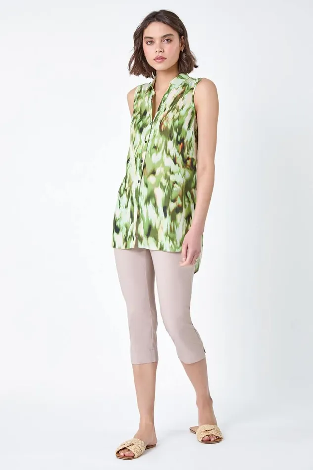 Green Abstract Sleeveless Button Chiffon Blouse Women Roman Tops