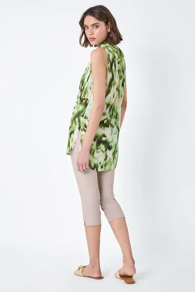Green Abstract Sleeveless Button Chiffon Blouse Women Roman Tops