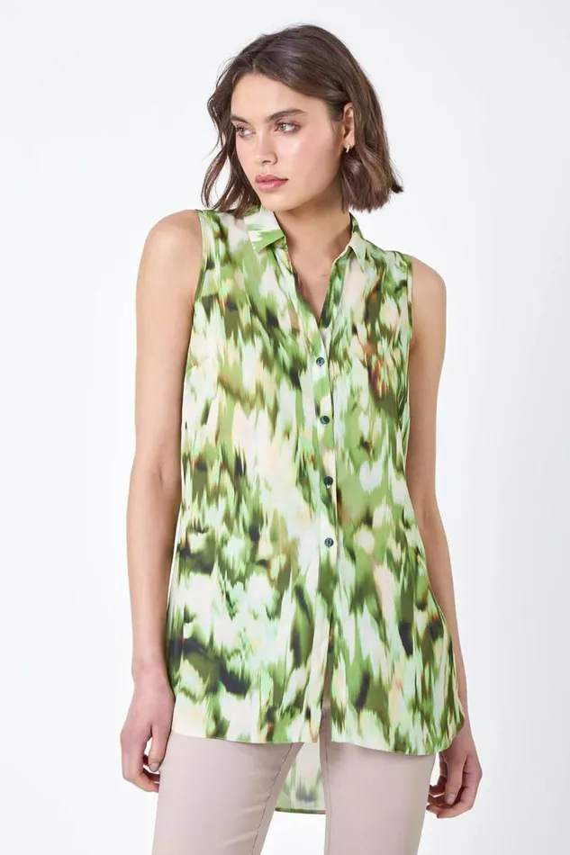 Green Abstract Sleeveless Button Chiffon Blouse Women Roman Tops