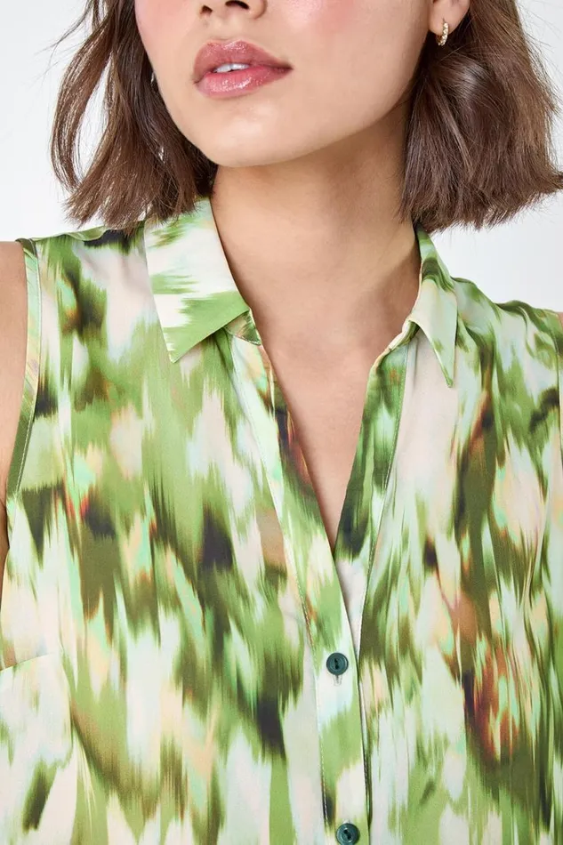 Green Abstract Sleeveless Button Chiffon Blouse Women Roman Tops