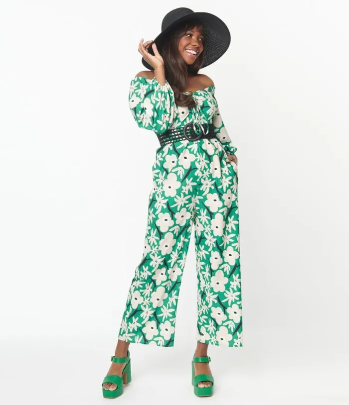 Green and Ivory Floral Jumpsuit DressesClothingPlus Unique Vintage Pocket Dresses