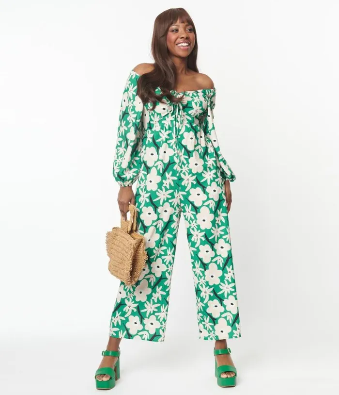 Green and Ivory Floral Jumpsuit DressesClothingPlus Unique Vintage Pocket Dresses