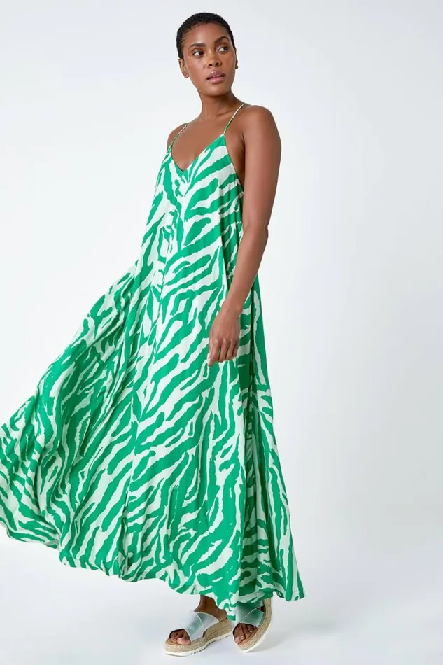 Green Animal Print Halter Neck Maxi Dress Women Roman Dresses