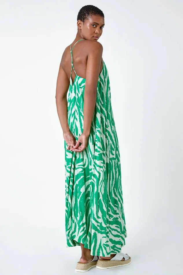 Green Animal Print Halter Neck Maxi Dress Women Roman Dresses
