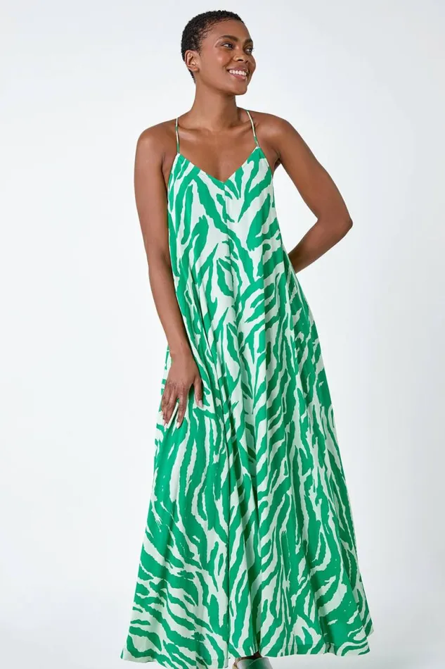 Green Animal Print Halter Neck Maxi Dress Women Roman Dresses