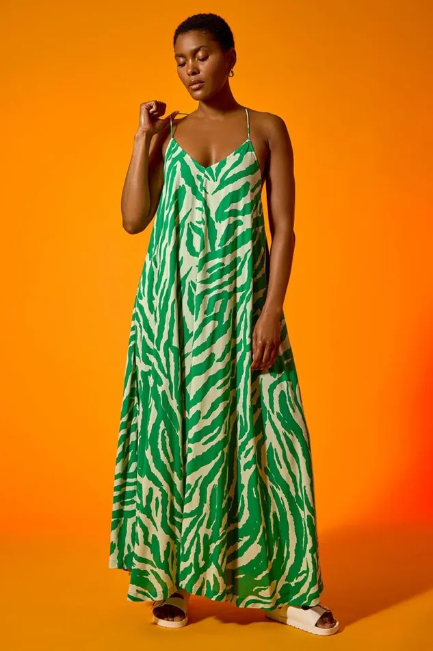 Green Animal Print Halter Neck Maxi Dress Women Roman Dresses