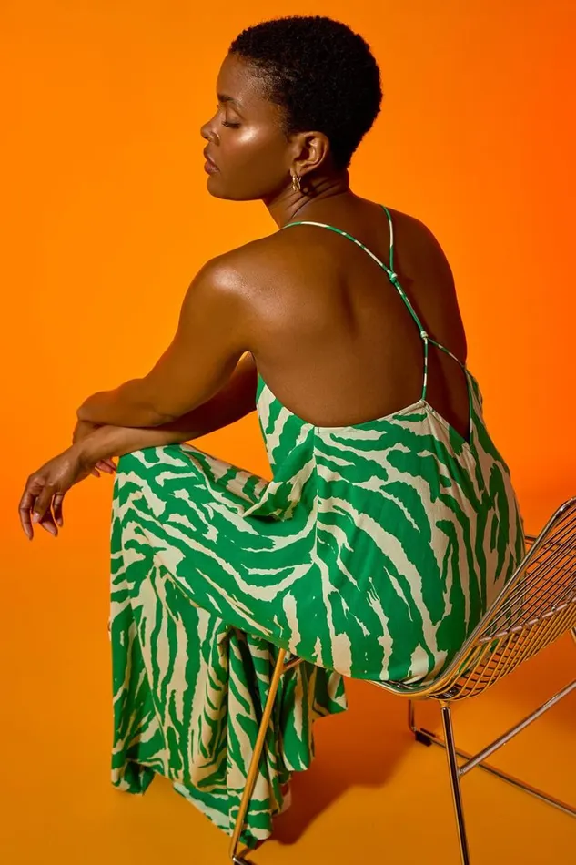 Green Animal Print Halter Neck Maxi Dress Women Roman Dresses