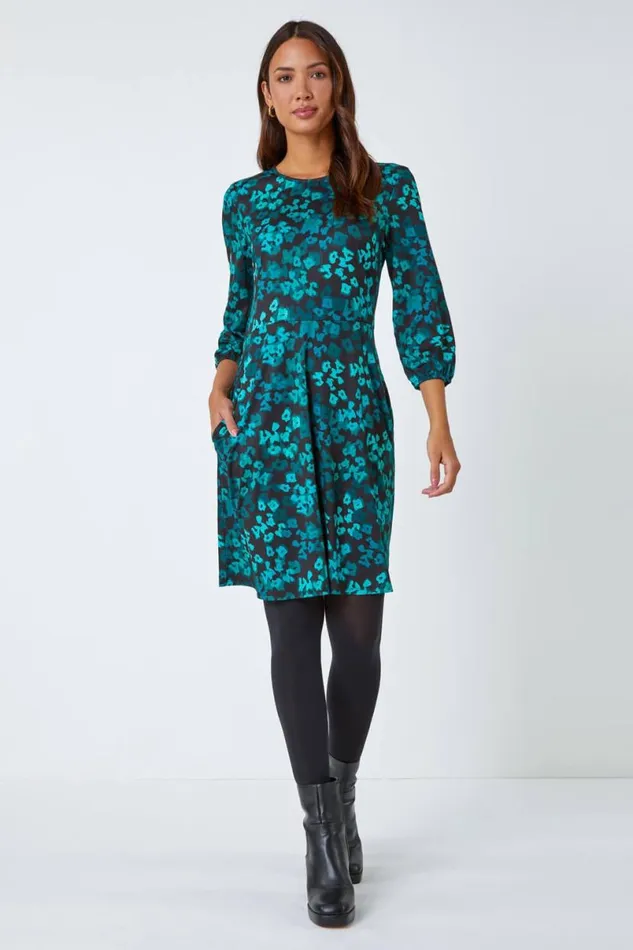 Green Animal Print Pocket Stretch Dress Women Roman Dresses