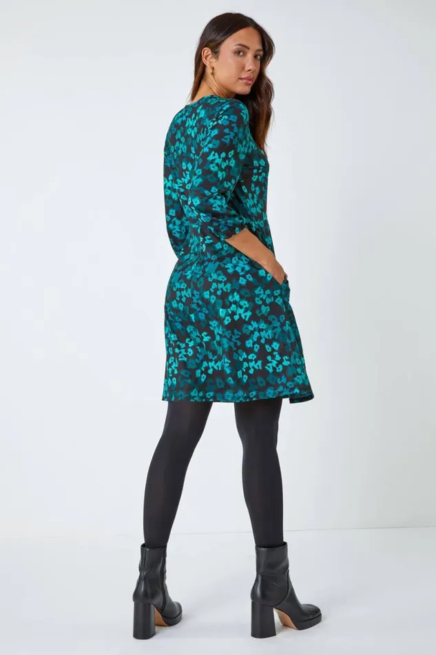 Green Animal Print Pocket Stretch Dress Women Roman Dresses