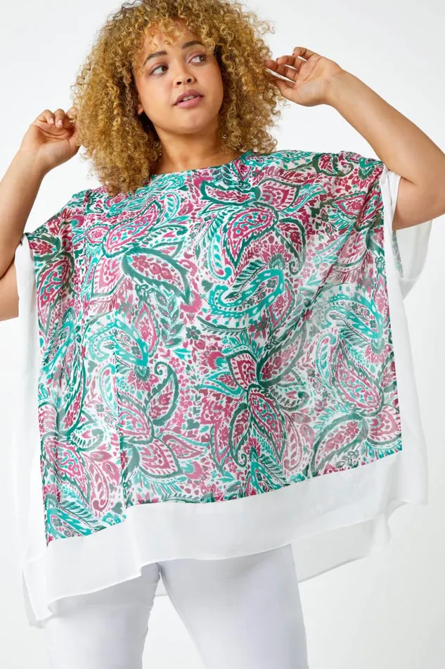 Green Curve Paisley Contrast Chiffon Top Women Roman Tops