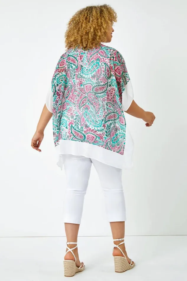Green Curve Paisley Contrast Chiffon Top Women Roman Tops