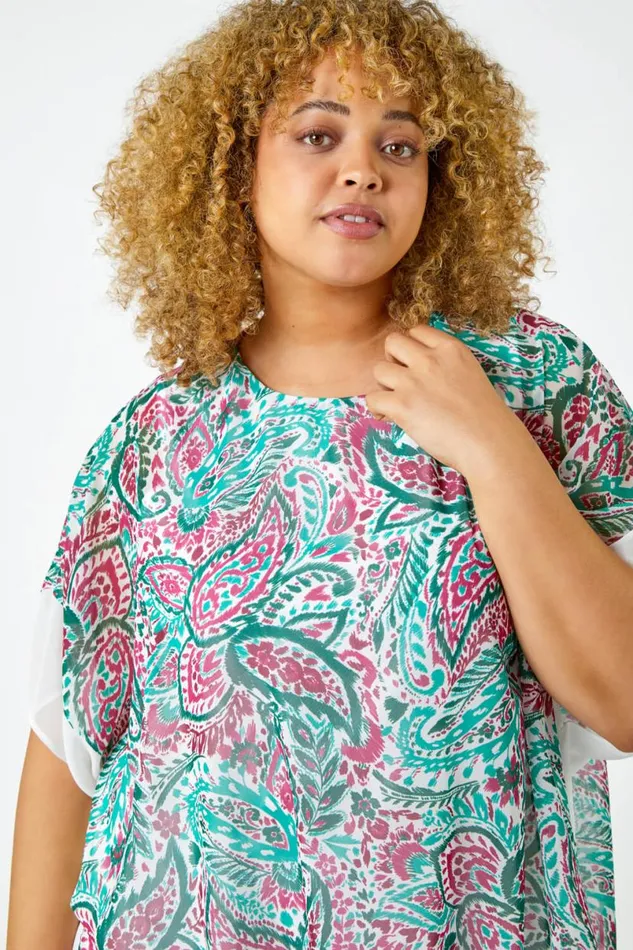 Green Curve Paisley Contrast Chiffon Top Women Roman Tops