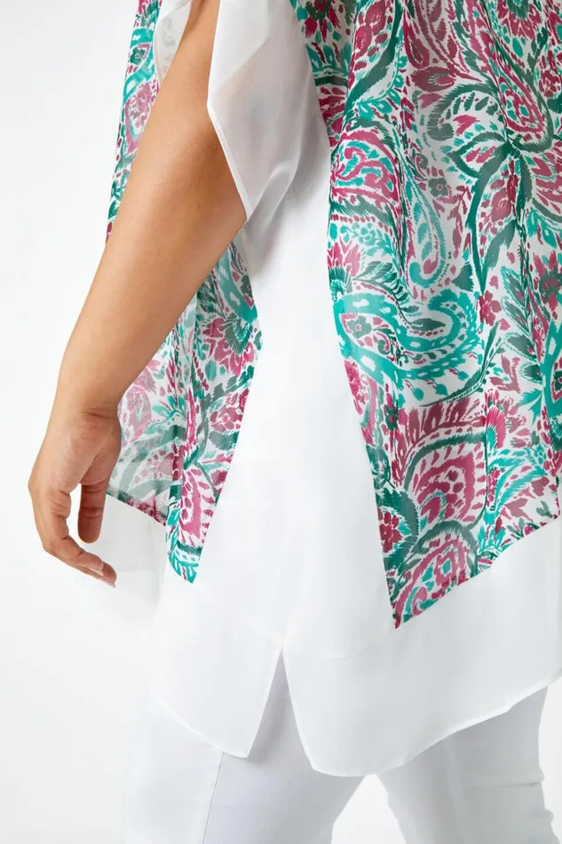 Green Curve Paisley Contrast Chiffon Top Women Roman Tops