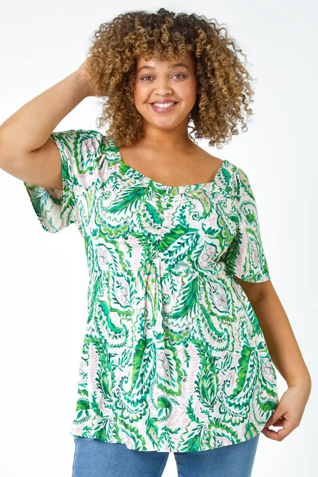 Green Curve Paisley Print Peplum VNeck Stretch Top Women Roman Tops
