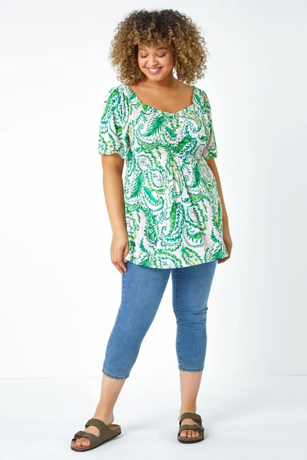 Green Curve Paisley Print Peplum VNeck Stretch Top Women Roman Tops