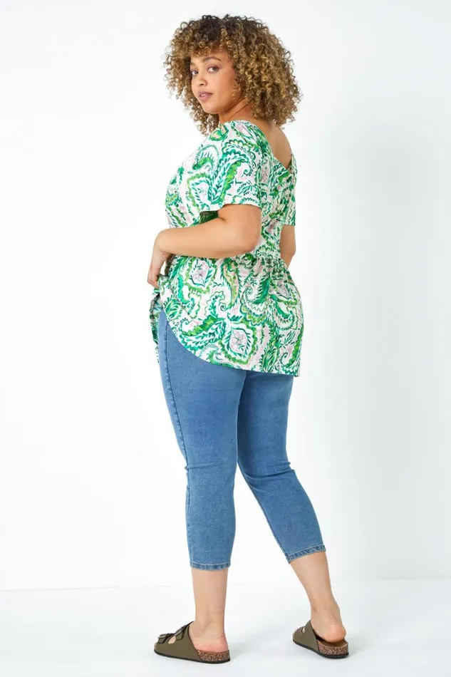 Green Curve Paisley Print Peplum VNeck Stretch Top Women Roman Tops