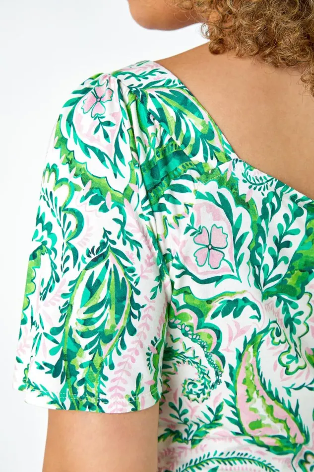 Green Curve Paisley Print Peplum VNeck Stretch Top Women Roman Tops