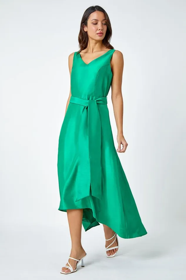 Green Dipped Hem Fit and Flare Dress Women Roman Dresses