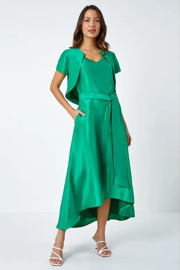 Green Dipped Hem Fit and Flare Dress Women Roman Dresses