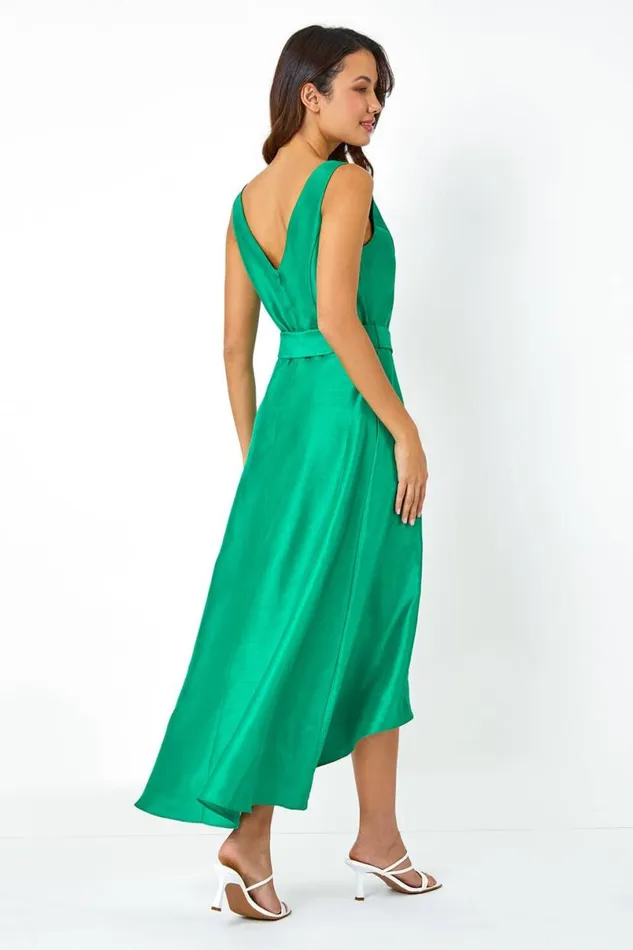 Green Dipped Hem Fit and Flare Dress Women Roman Dresses