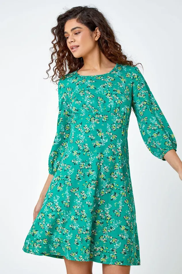 Green Ditsy Floral Print Stretch Jersey Dress Women Roman Dresses