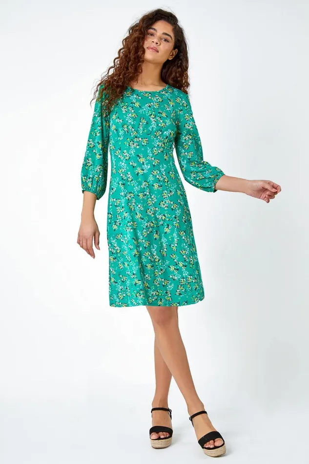 Green Ditsy Floral Print Stretch Jersey Dress Women Roman Dresses