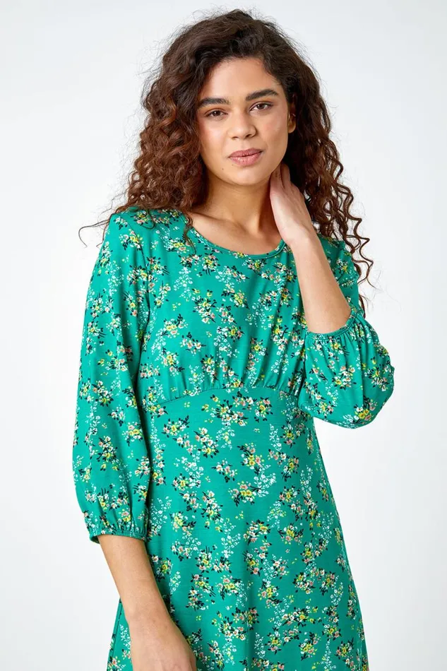 Green Ditsy Floral Print Stretch Jersey Dress Women Roman Dresses