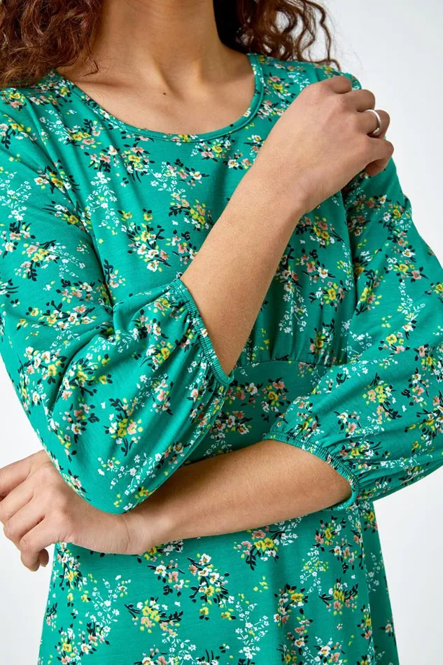 Green Ditsy Floral Print Stretch Jersey Dress Women Roman Dresses