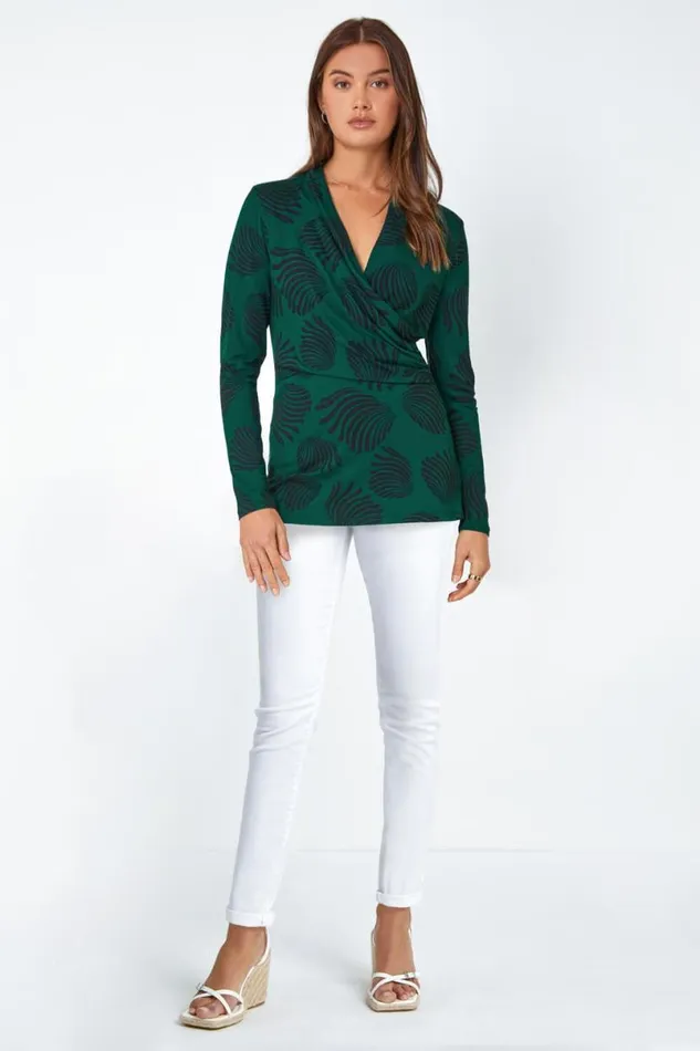 Green Draped Front Wrap Stretch Top Women Roman Tops