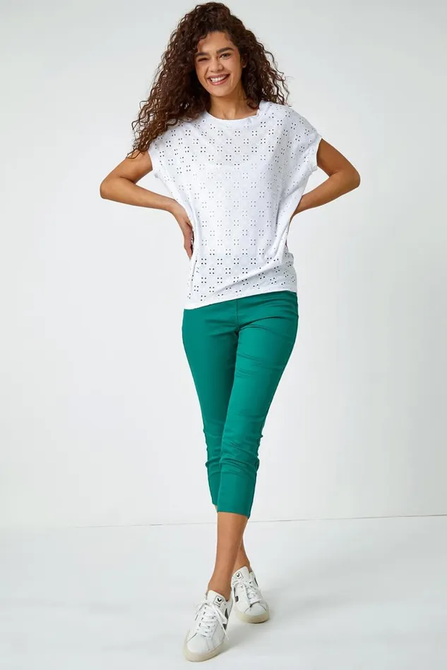 Green Elastic Waist Cropped Denim Jegging Women Roman Trousers