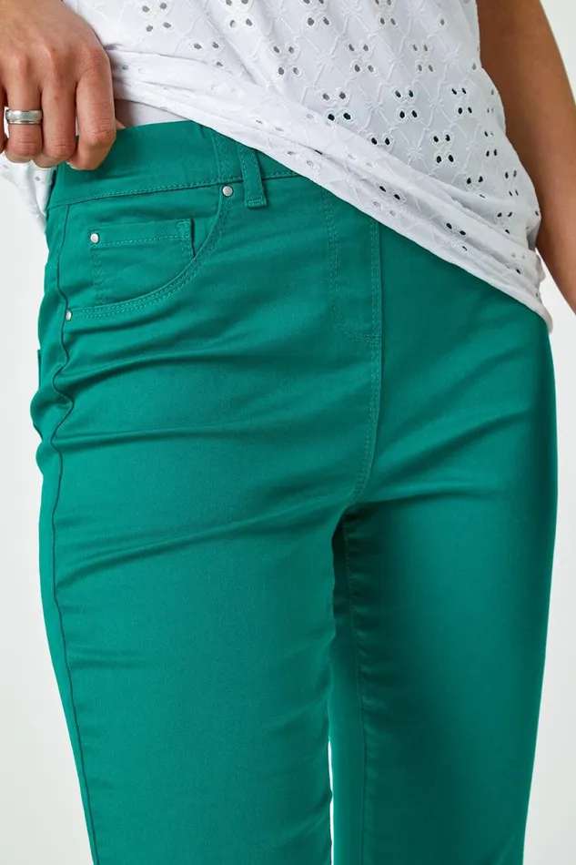 Green Elastic Waist Cropped Denim Jegging Women Roman Trousers