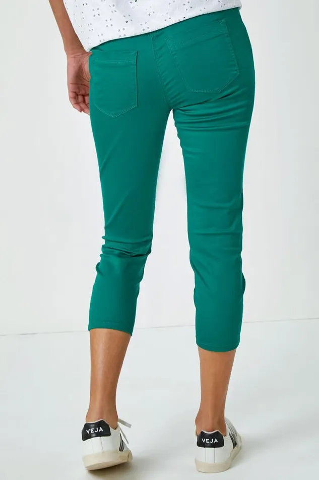 Green Elastic Waist Cropped Denim Jegging Women Roman Trousers