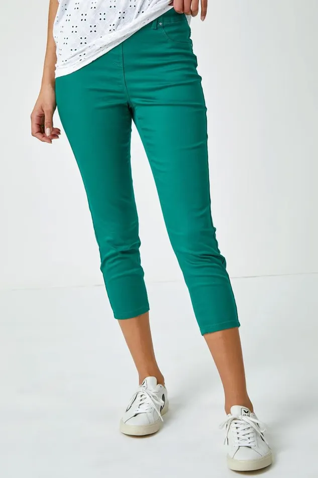 Green Elastic Waist Cropped Denim Jegging Women Roman Trousers