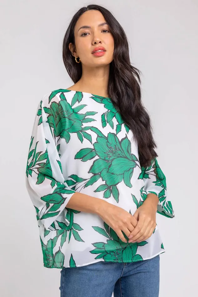 Green Floral Print Chiffon Overlay Top Women Roman Tops