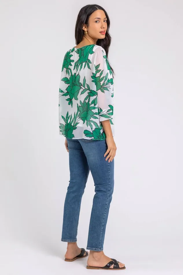 Green Floral Print Chiffon Overlay Top Women Roman Tops