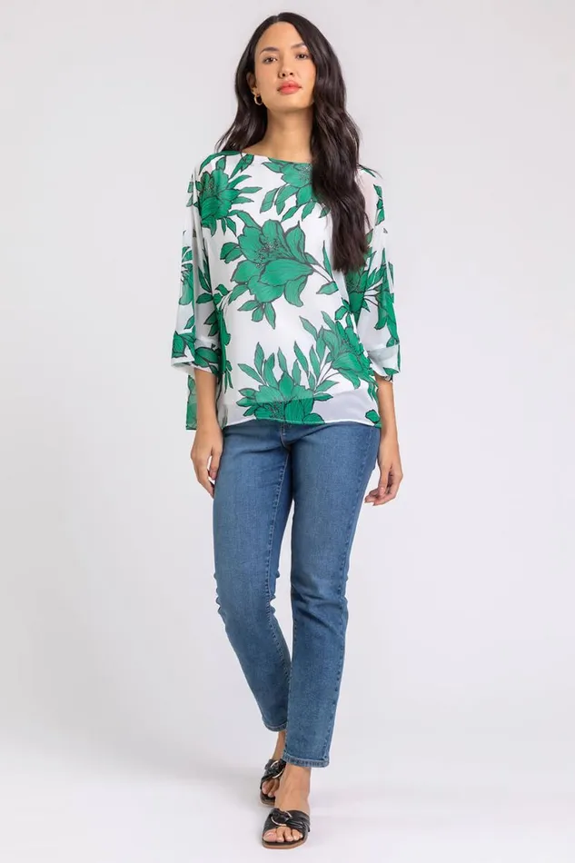 Green Floral Print Chiffon Overlay Top Women Roman Tops