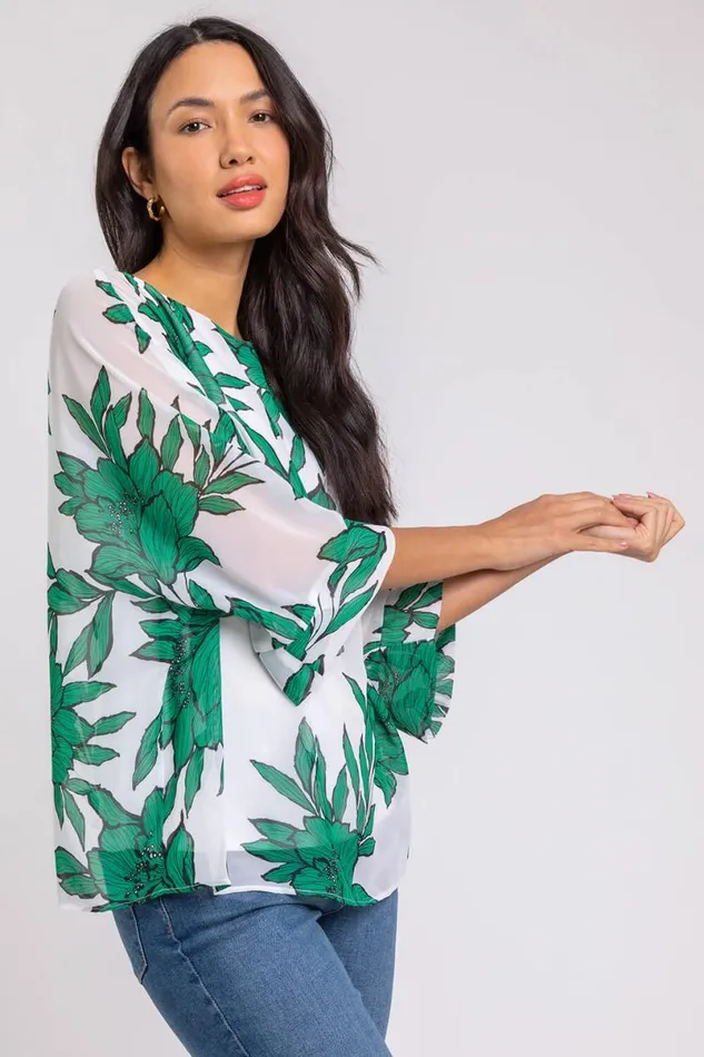 Green Floral Print Chiffon Overlay Top Women Roman Tops