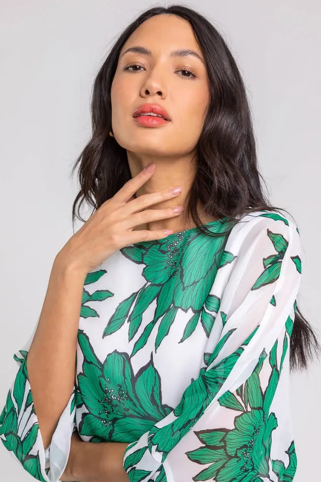 Green Floral Print Chiffon Overlay Top Women Roman Tops
