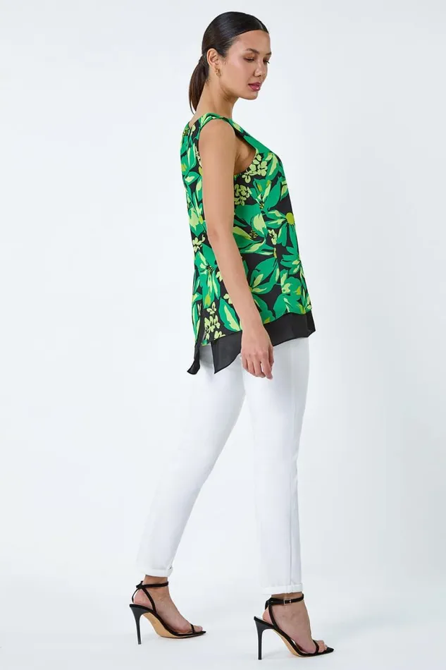 Green Floral Print VNeck Double Layer Vest Top Women Roman Tops