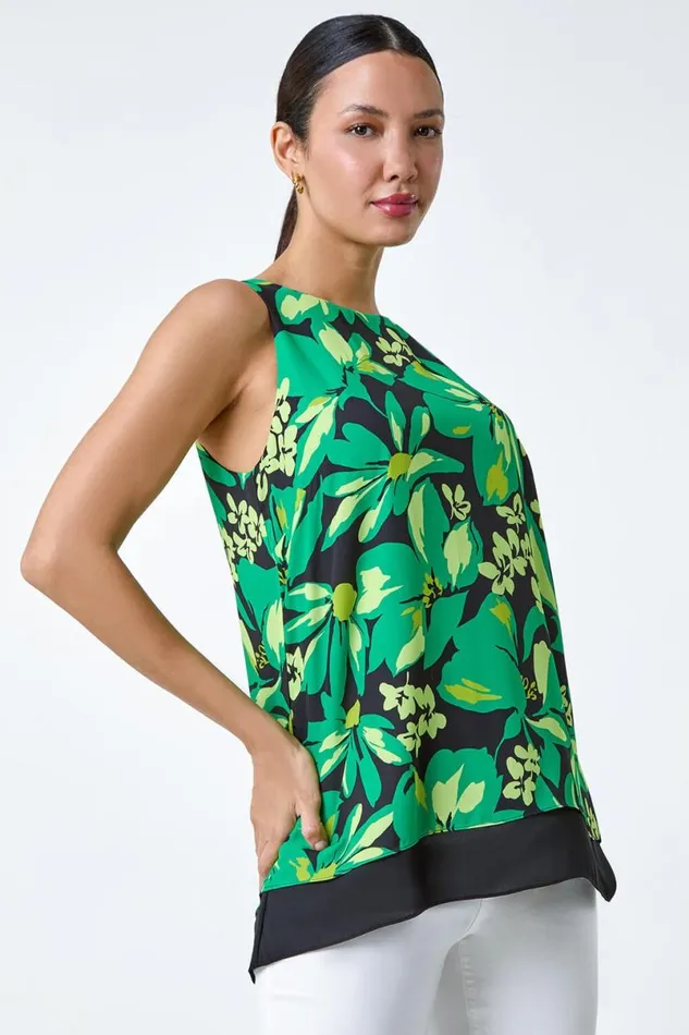 Green Floral Print VNeck Double Layer Vest Top Women Roman Tops