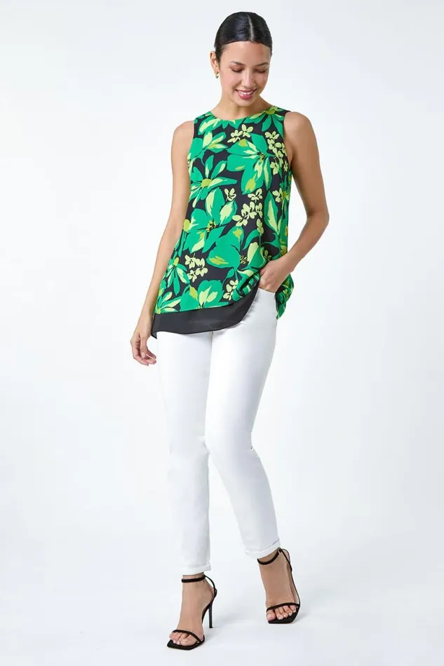 Green Floral Print VNeck Double Layer Vest Top Women Roman Tops