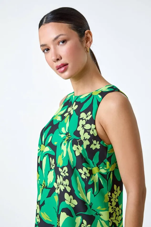 Green Floral Print VNeck Double Layer Vest Top Women Roman Tops
