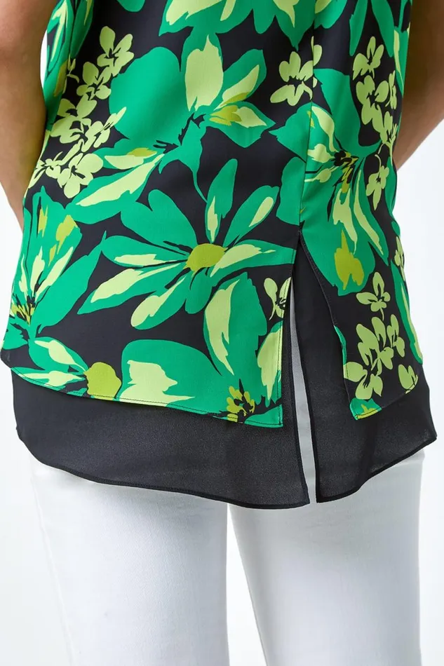 Green Floral Print VNeck Double Layer Vest Top Women Roman Tops