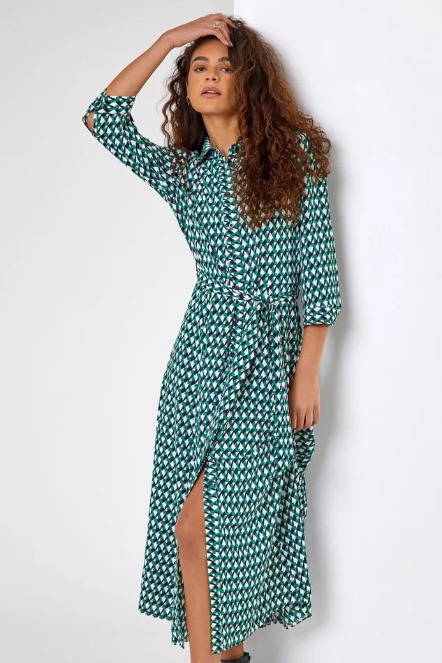 Green Geometric Print Tie Waist Midi Shirt Dress Women Roman Dresses