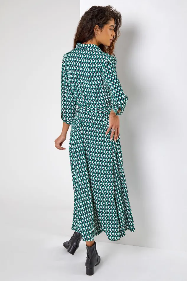Green Geometric Print Tie Waist Midi Shirt Dress Women Roman Dresses