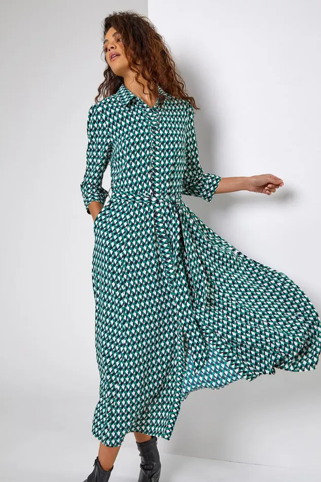 Green Geometric Print Tie Waist Midi Shirt Dress Women Roman Dresses
