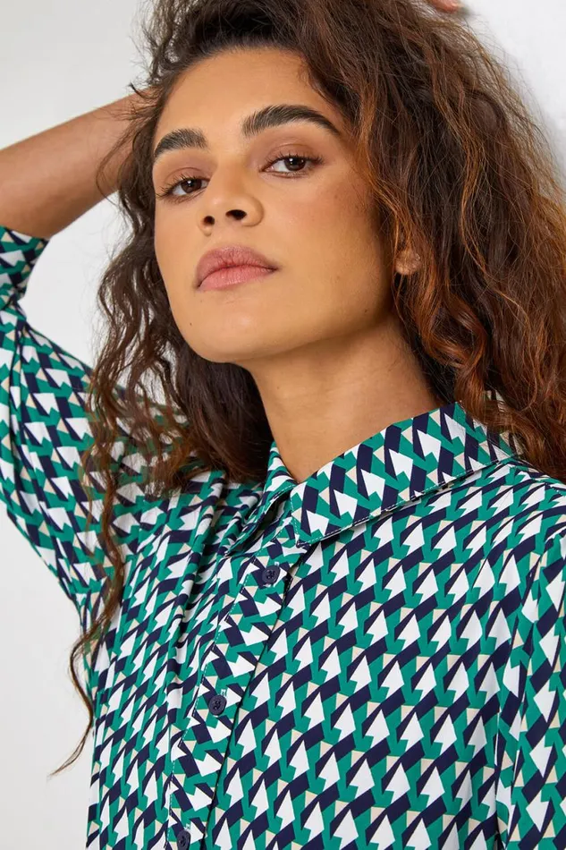 Green Geometric Print Tie Waist Midi Shirt Dress Women Roman Dresses