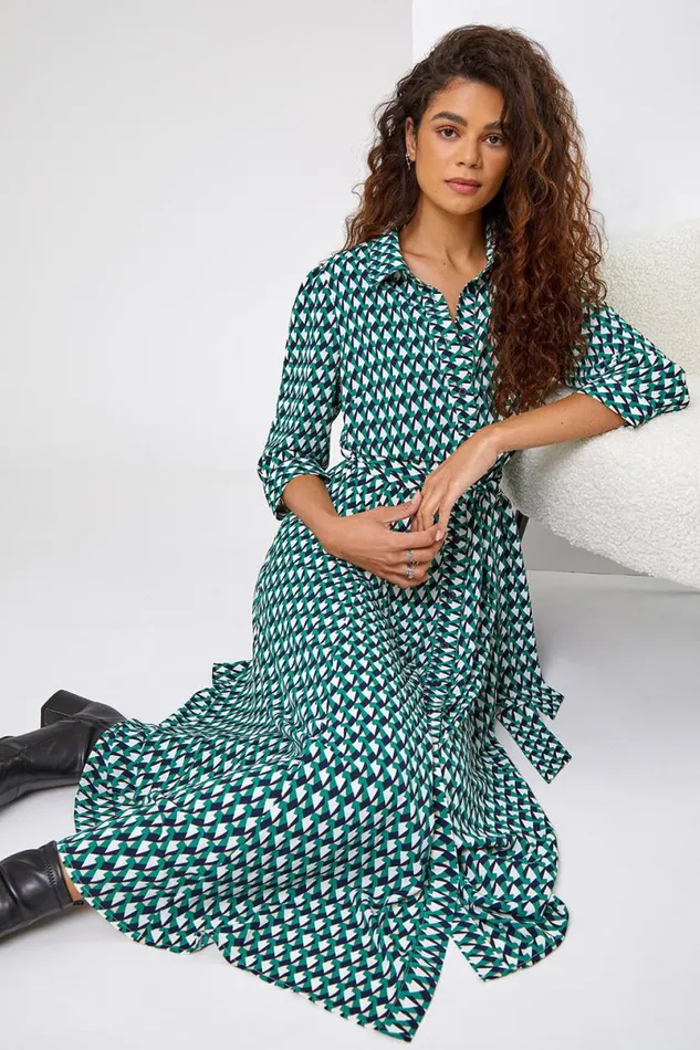Green Geometric Print Tie Waist Midi Shirt Dress Women Roman Dresses
