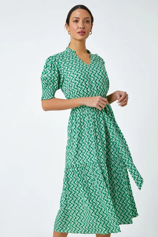 Green Geometric Tiered Belted Midi Dress Women Roman Dresses