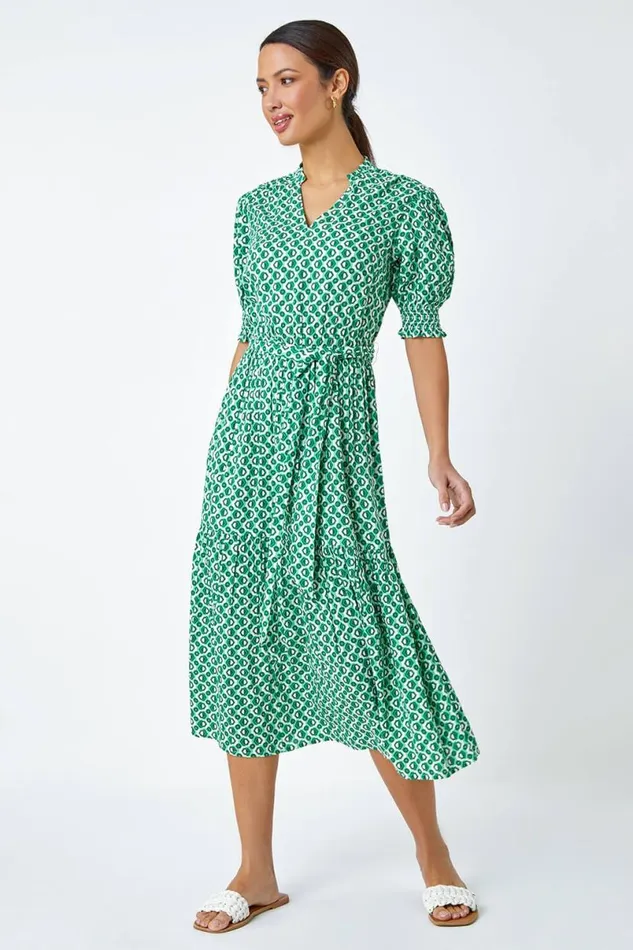 Green Geometric Tiered Belted Midi Dress Women Roman Dresses